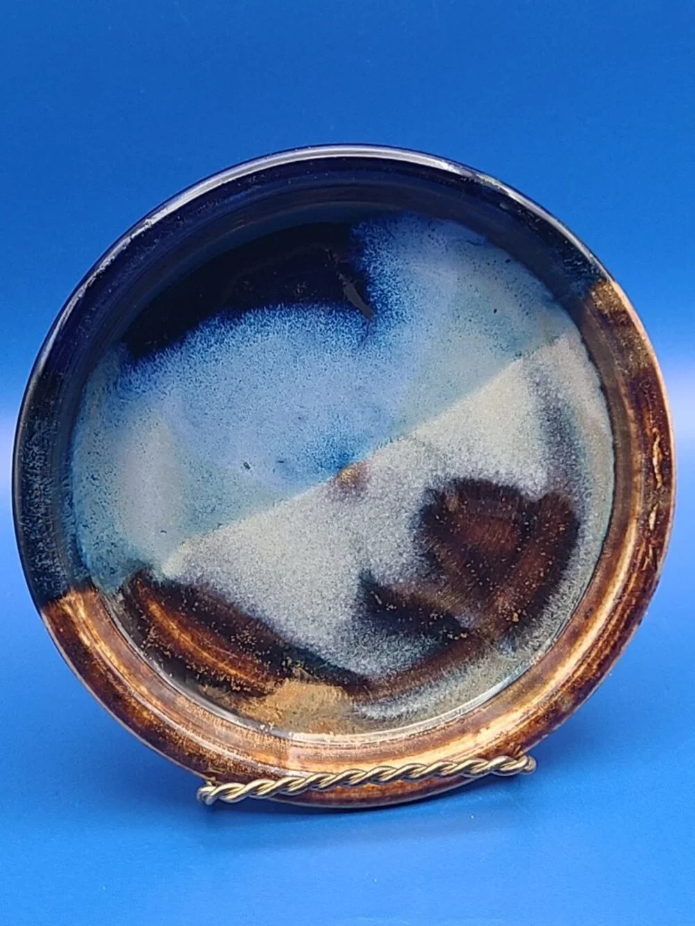 Studio Art Pottery Small Round Dishes Blue Brown Cream Glazed Set of 4